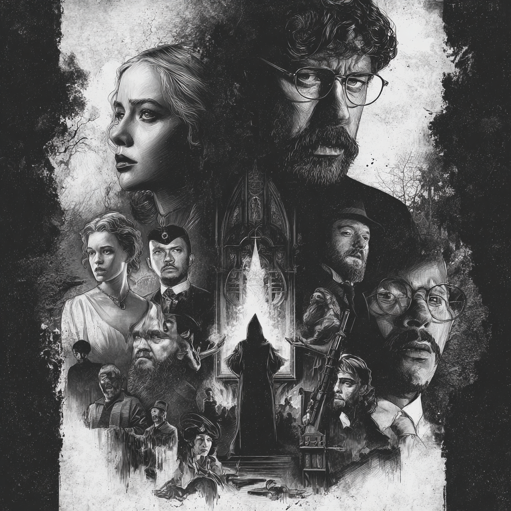 Affiche de film culte noir et blanc avec montage de personnages et ambiance dramatique