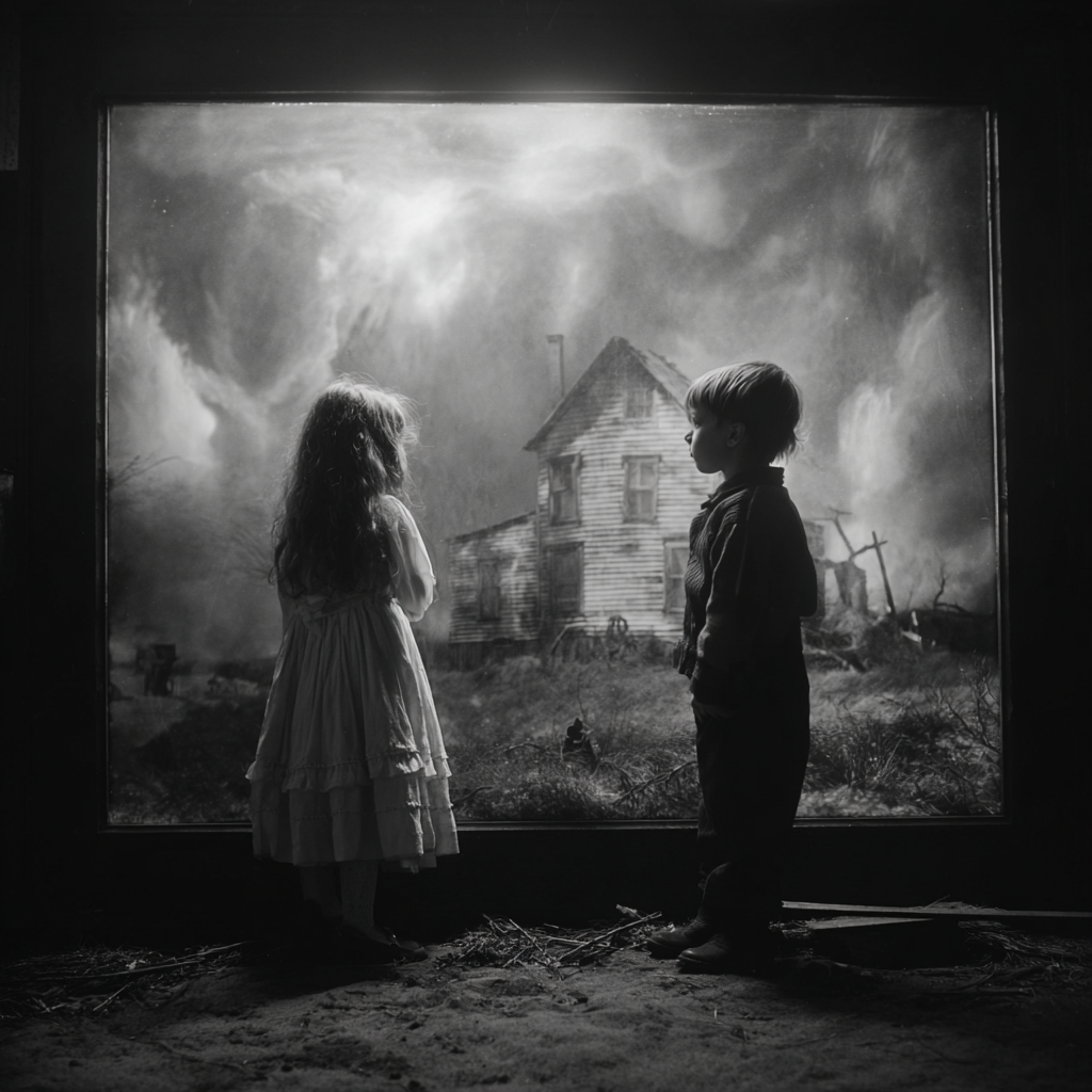 Image historique enfants et maison abandonée 