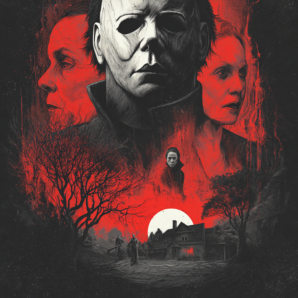 Affiche film d’horreur culte masque tueur fond rouge