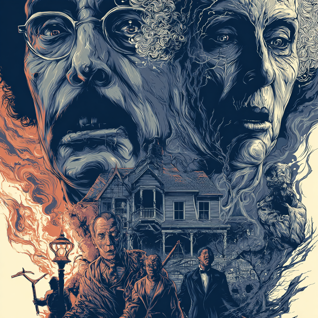 Affiche film d’horreur culte visage sombre maison hantée