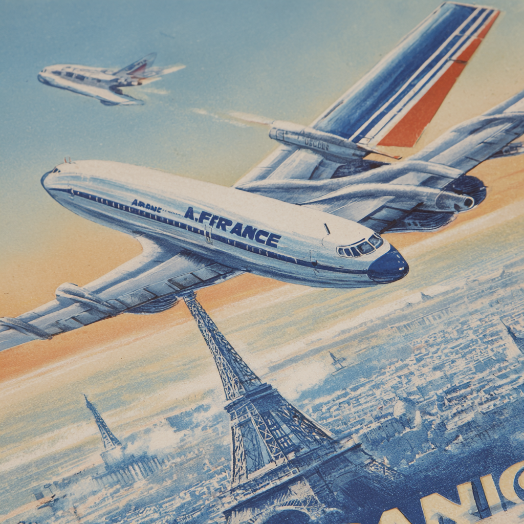 Affiche vintage air france avion au dessus de paris tour eiffel