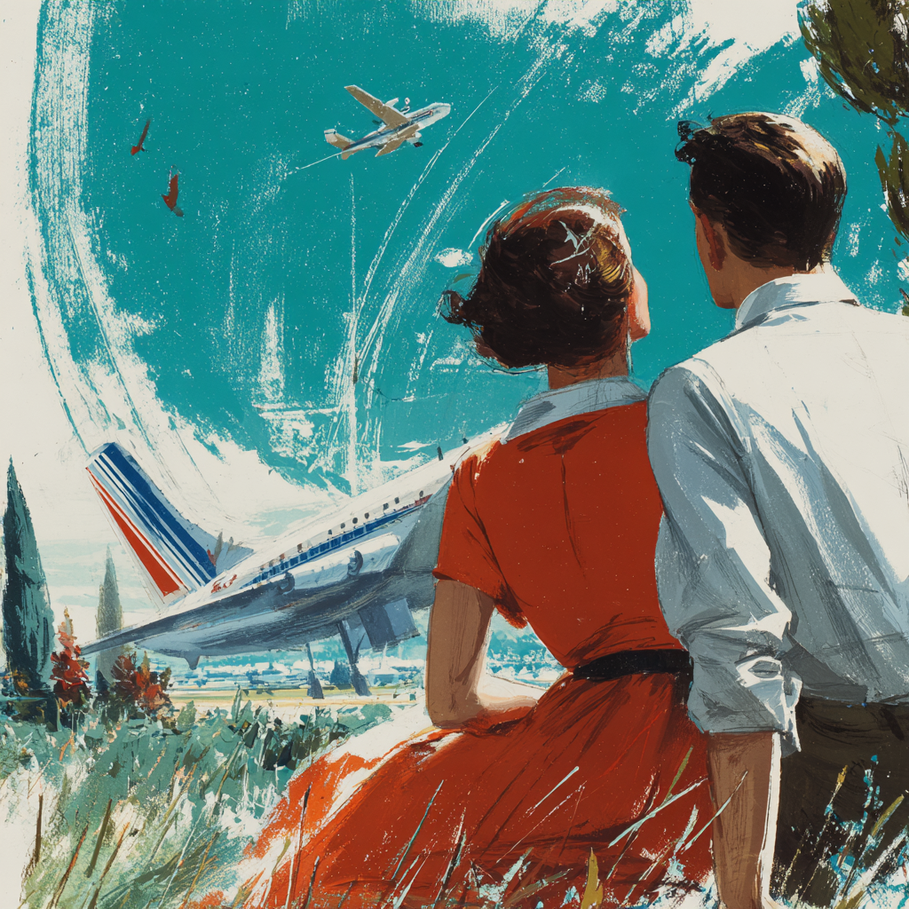 Affiche vintage air france couple regardant avion retro